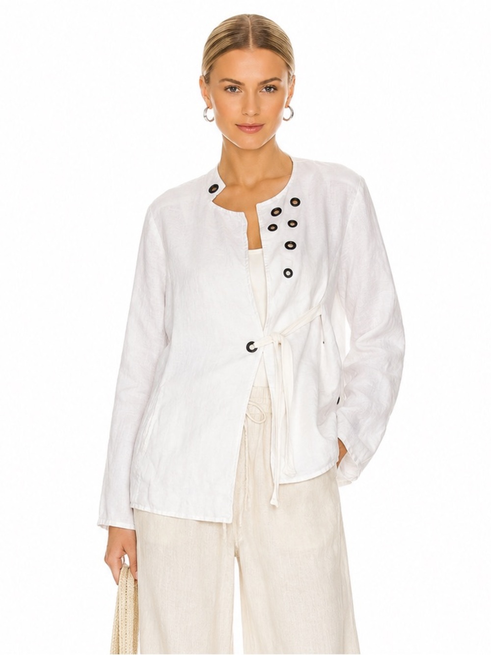 White 100% Linen Grommet Tie Front Jacket Tunic Minimalist Lagenlook Size M